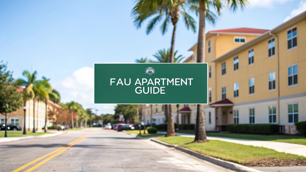 A green sign reading "FAU Apartment Guide" is centered over a street lined with palm trees and yellow apartment buildings under a blue sky.