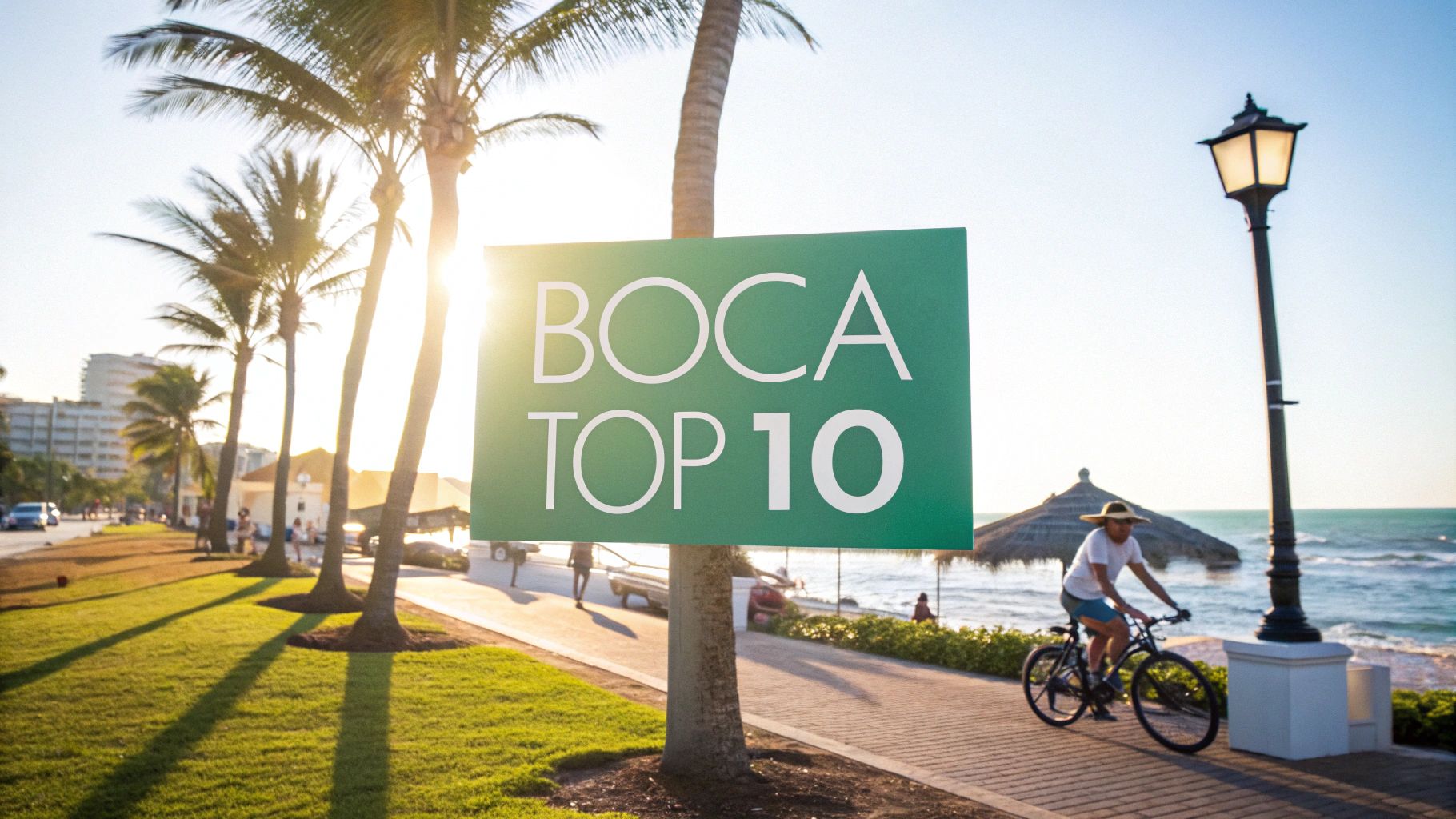 A green sign reading "BOCA TOP 10" is displayed by a sunny beachside walkway with palm trees, a cyclist, streetlamp, and ocean waves in the background.