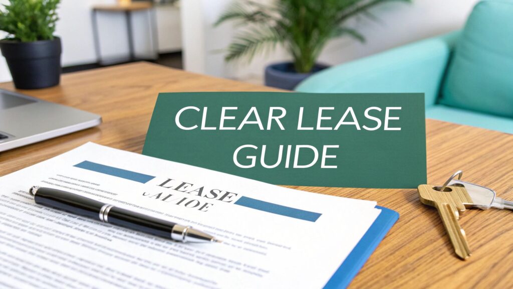 A desk with a lease agreement, pen, and keys. A sign reading "CLEAR LEASE GUIDE" is displayed, with a laptop and potted plants in the background.
