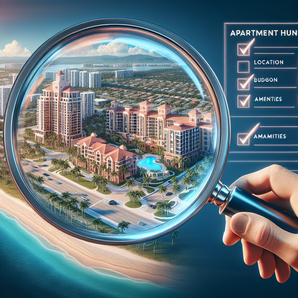 A hand holds a magnifying glass over beachfront apartment buildings, highlighting their details. Nearby, a checklist for apartment hunting shows "Location", "Budget", and "Amenities" checked.