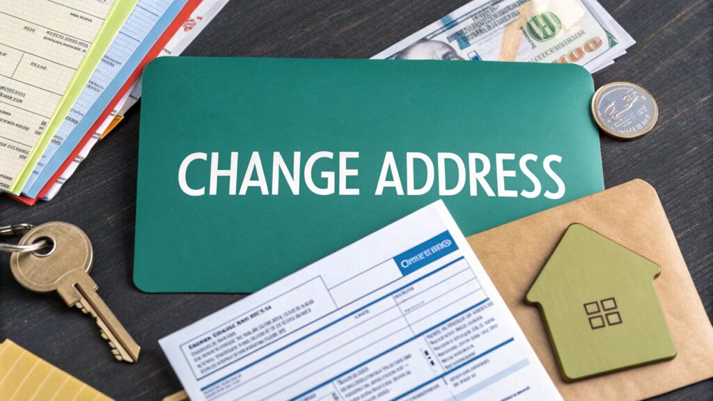 A green sign with "CHANGE ADDRESS" written on it sits on a table surrounded by house keys, an envelope with a house icon, a form, cash, coins, and various papers, symbolizing moving or updating address information.