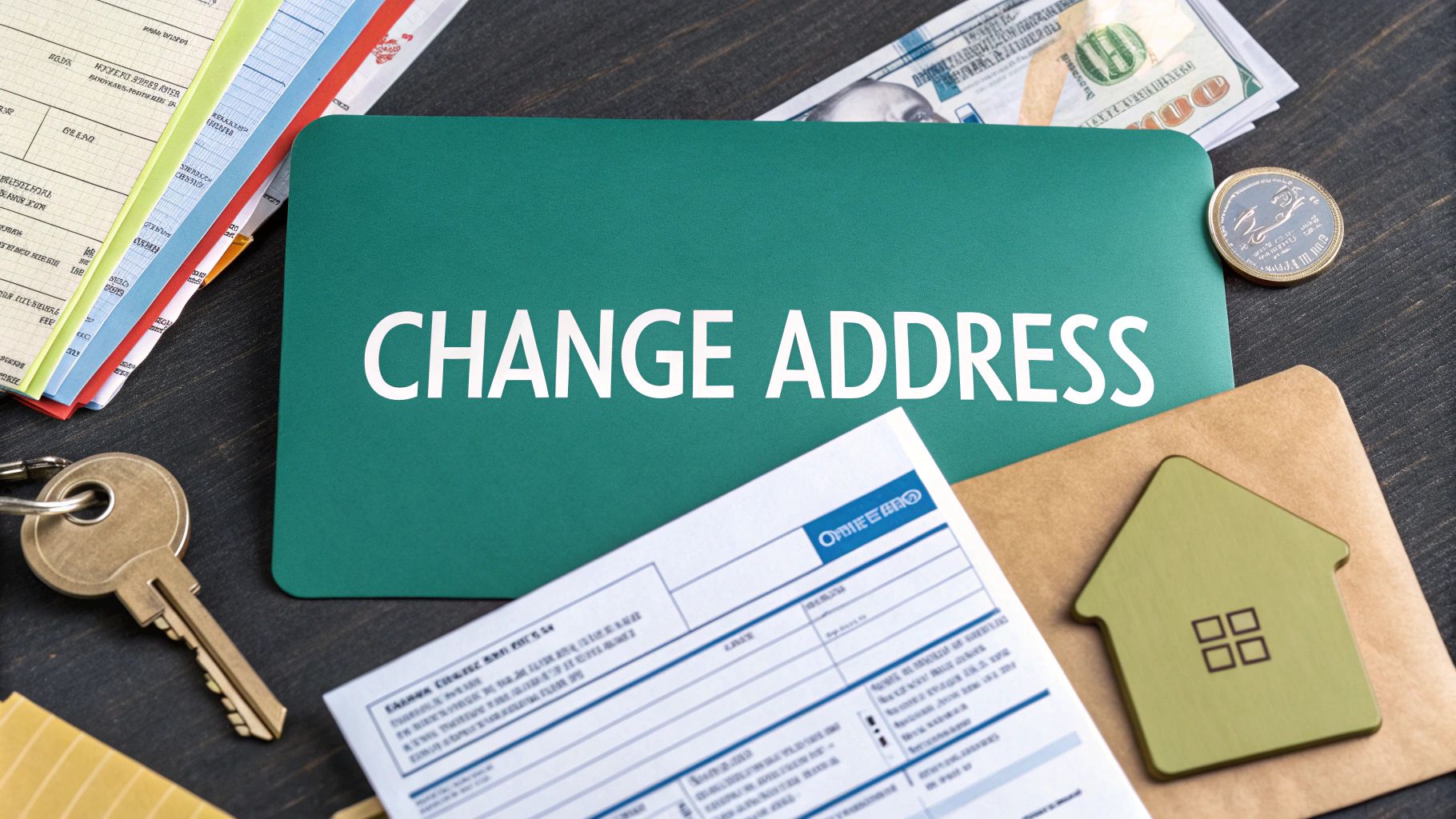 A green sign with "CHANGE ADDRESS" written on it sits on a table surrounded by house keys, an envelope with a house icon, a form, cash, coins, and various papers, symbolizing moving or updating address information.
