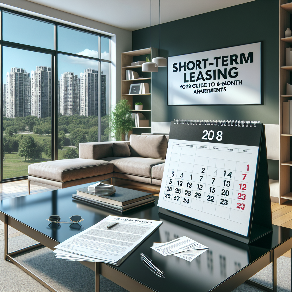 Modern living room with a large window showing tall apartment buildings, a desk calendar on a glass table, and a poster on the wall reading "Short-Term Leasing: Your Guide to 6-Month Apartments.