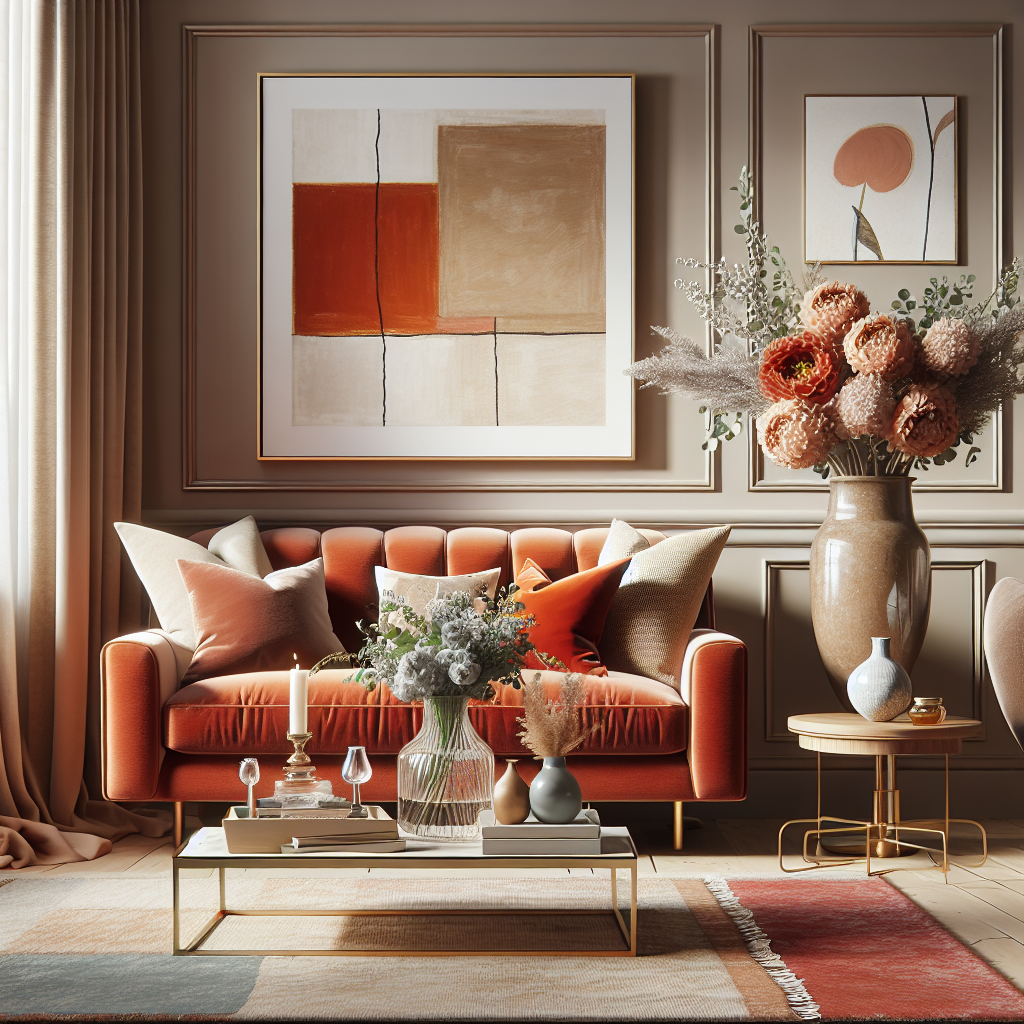 A cozy living room with a rust-colored velvet sofa, assorted cushions, abstract wall art, and a large vase of flowers. A coffee table holds more flowers, books, and candles, creating a warm, elegant atmosphere.