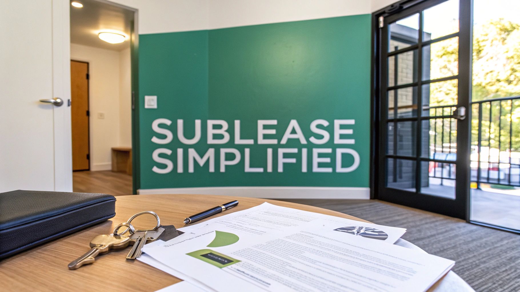 A modern office with a green accent wall displaying the words “SUBLEASE SIMPLIFIED.” On a table in the foreground are keys, a pen, documents, and a folder, with an open door leading outside.