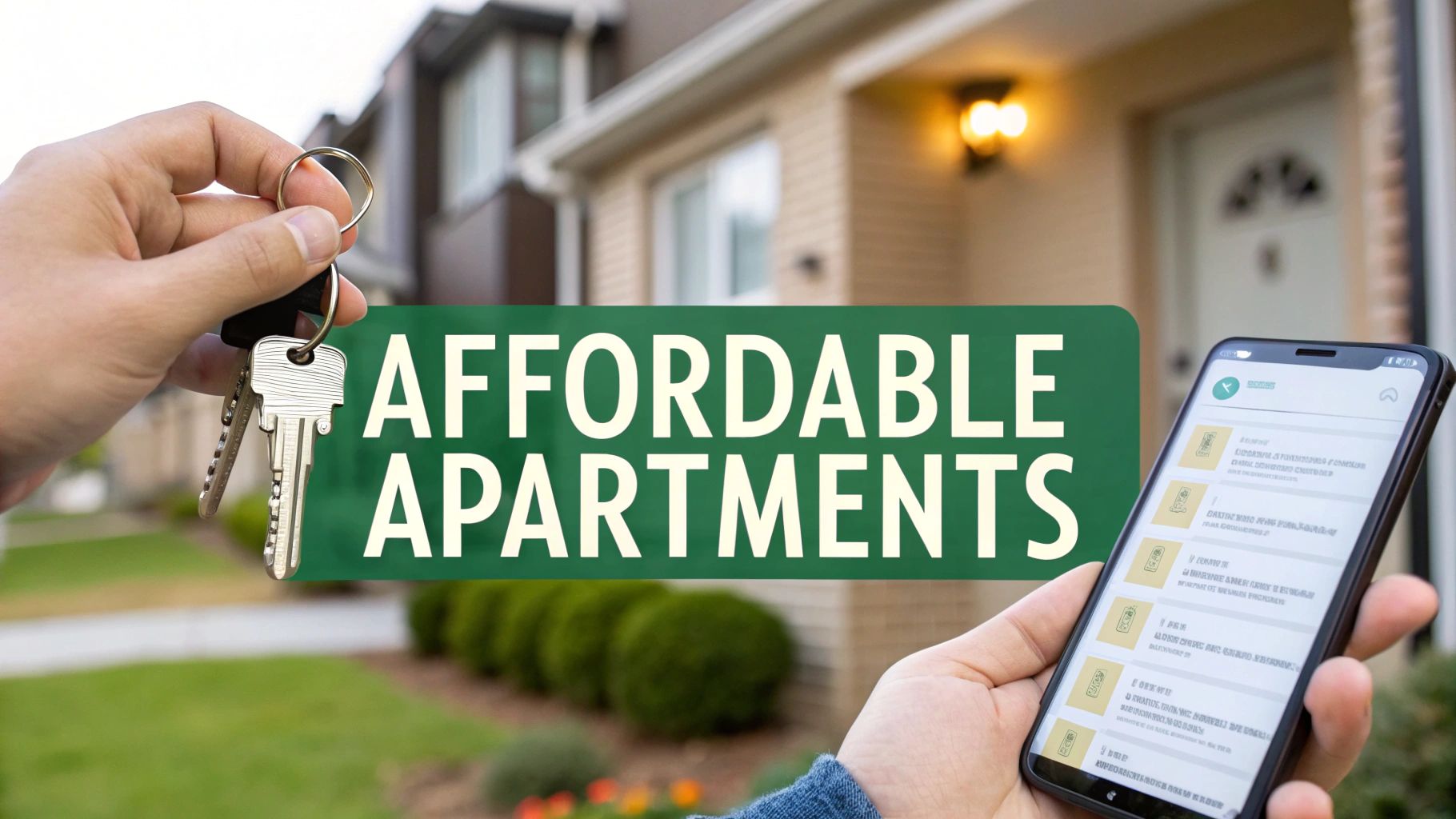 A person holds house keys and a smartphone in front of suburban homes, with the words "Affordable Apartments" prominently displayed in the center of the image.