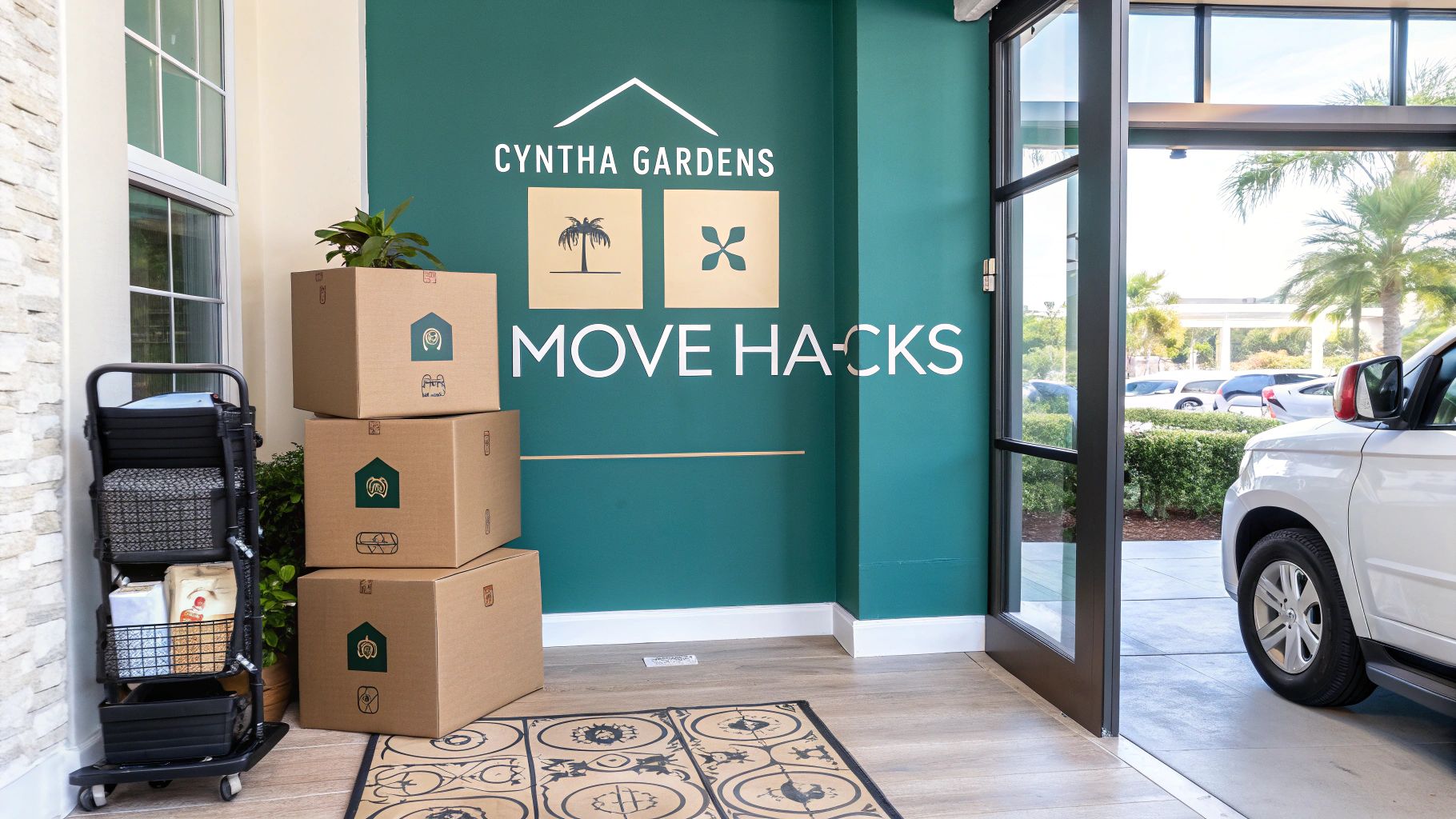 A stack of moving boxes sits next to a dolly with bags by a glass door. On the green wall behind, "CYNTHA GARDENS MOVE HACKS" is written with icons of a palm tree and a house. A white car is parked outside.