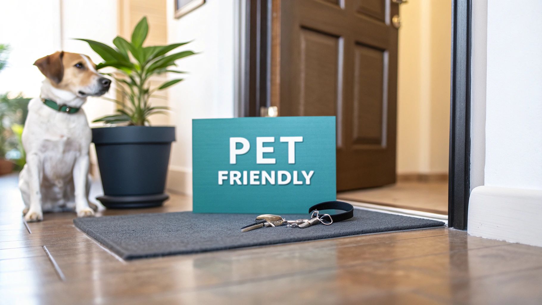 A dog sits beside a potted plant in a hallway with an open door. A sign on the floor reads "PET FRIENDLY," and next to it are house keys and a leash on a doormat.