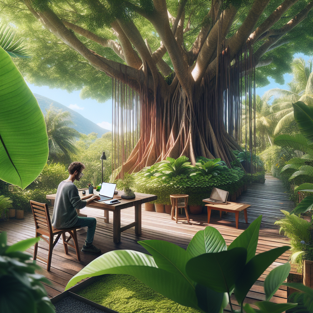 A person works on a laptop at a wooden desk outdoors, surrounded by lush green plants and large tropical leaves, near a massive tree with sprawling roots and hanging vines on a sunny day.