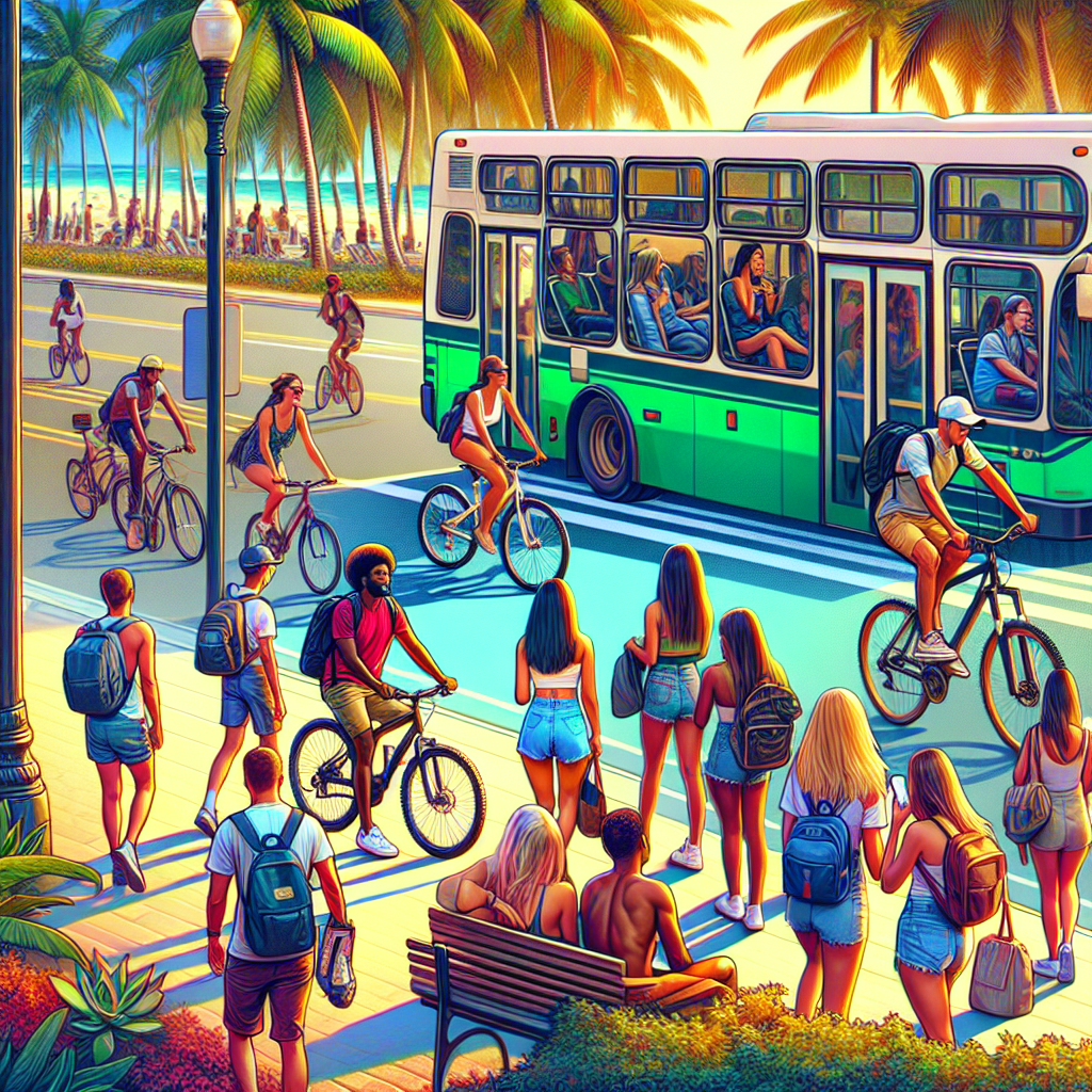 A lively street scene near a beach with palm trees, people biking and walking, a green bus passing by, and a group of young people gathered on the sidewalk under the bright sun.