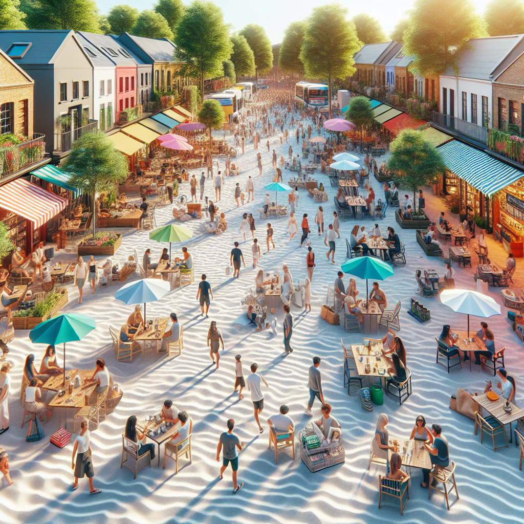 A lively street is covered in sand, with people dining, walking, and relaxing under colorful umbrellas. Shops line both sides, and trees add greenery. The scene is bright and summery, evoking a festive, beach-like atmosphere.