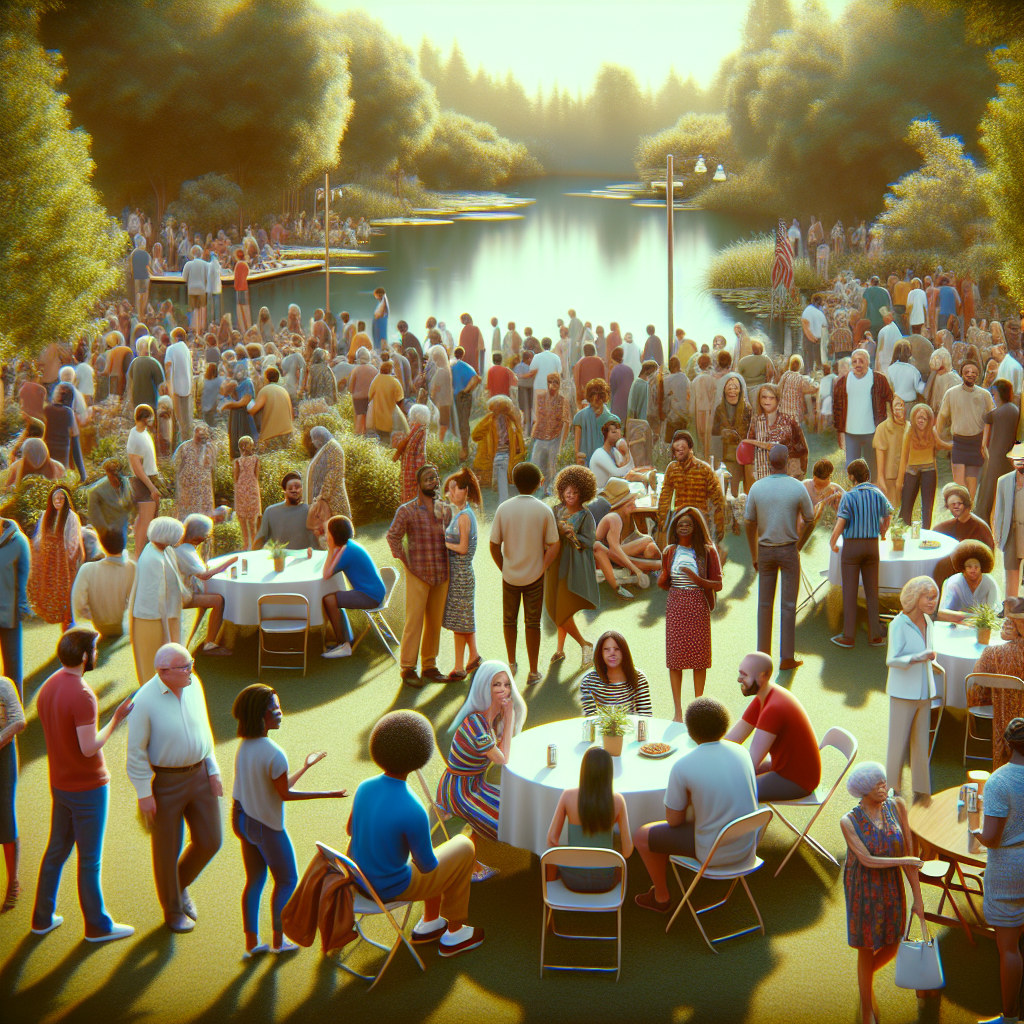 A large, diverse group of people socializes outdoors by a lake, some seated at tables and others standing, enjoying food and conversation in a sunny, park-like setting surrounded by trees.