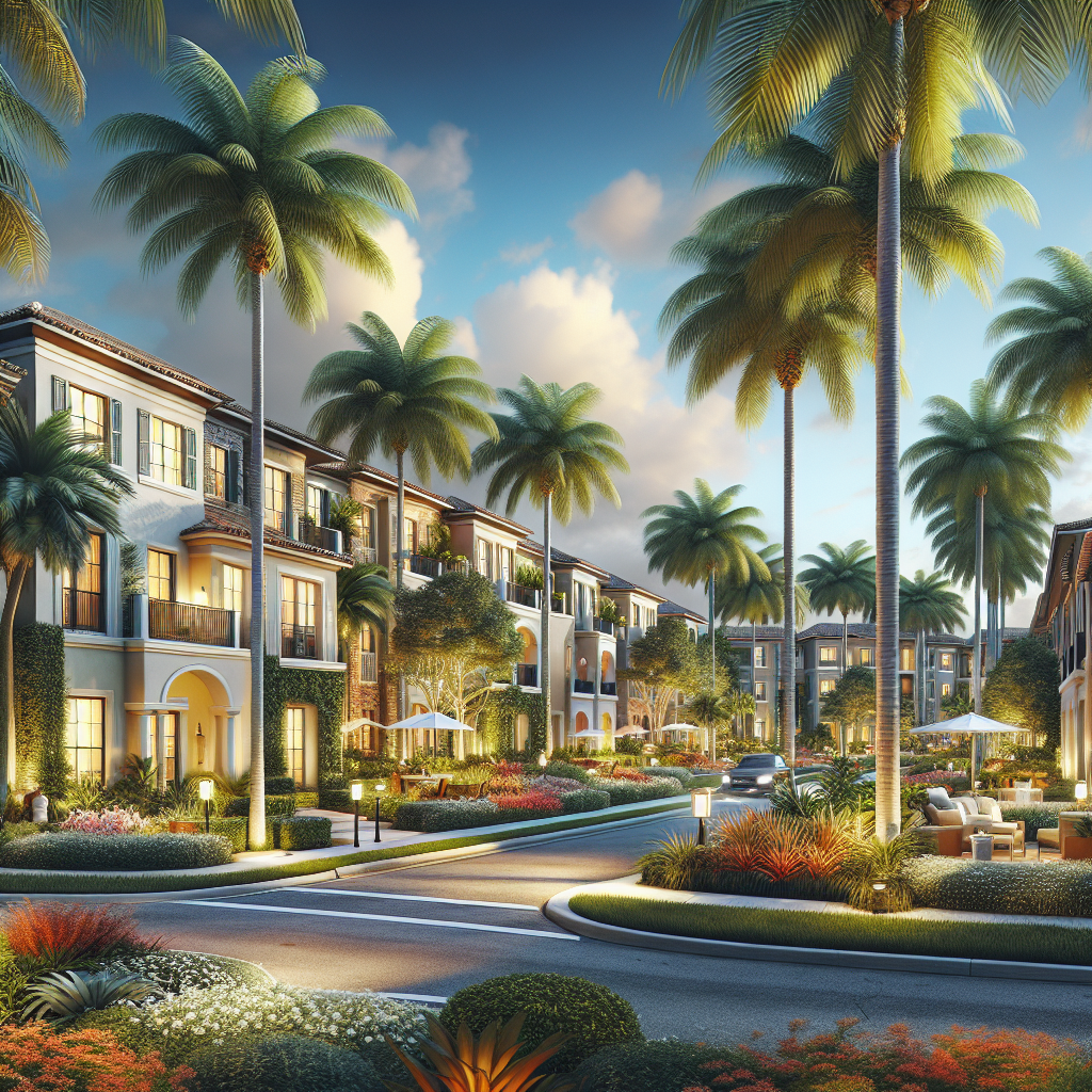 A sunlit, upscale residential street lined with palm trees, colorful landscaping, and elegant multi-story houses with balconies and large windows, evoking a serene and luxurious suburban neighborhood atmosphere.
