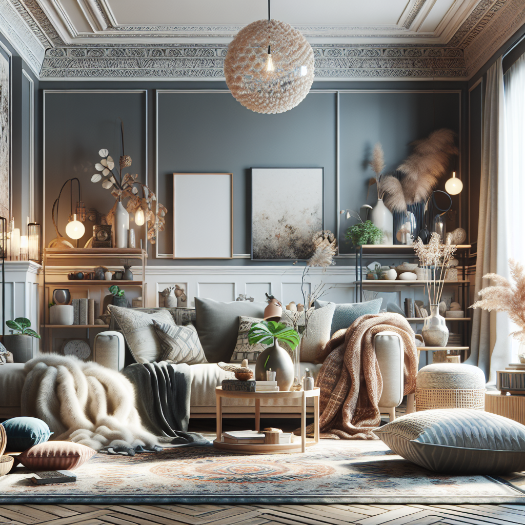 A cozy, stylish living room with layered blankets, textured pillows, plants, and artwork on dark paneled walls. Warm lighting, a round coffee table, and natural decor create a welcoming, boho-chic atmosphere.