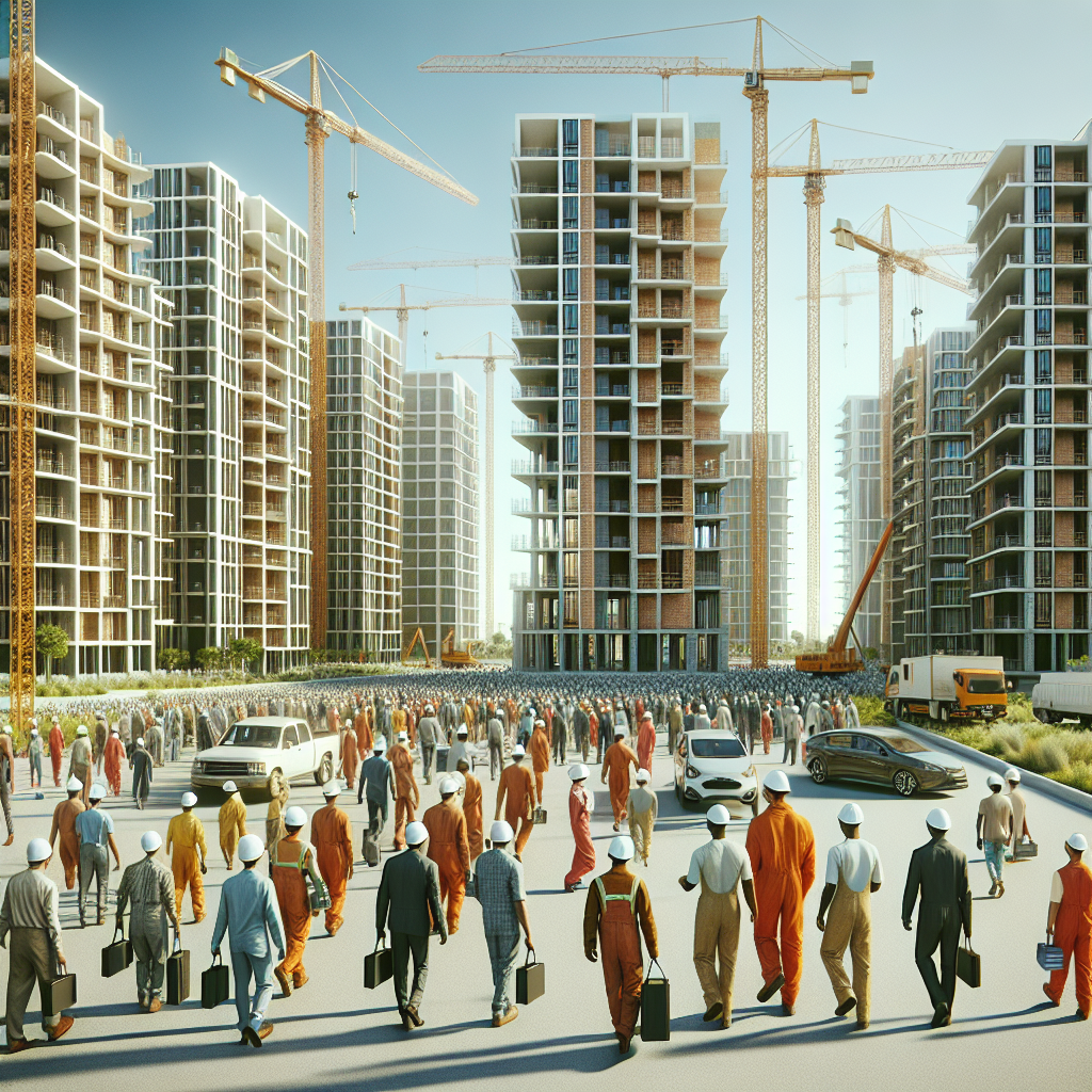 Crowds of construction workers in hard hats walk toward a cityscape filled with tall, unfinished high-rise buildings and multiple cranes, indicating a large-scale urban development project in progress.