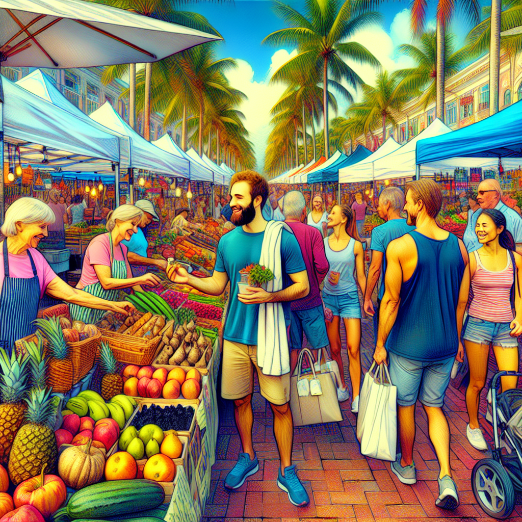 A lively outdoor market scene features people shopping for fresh produce under white tents, surrounded by palm trees and bright buildings, with vendors and customers happily interacting.
