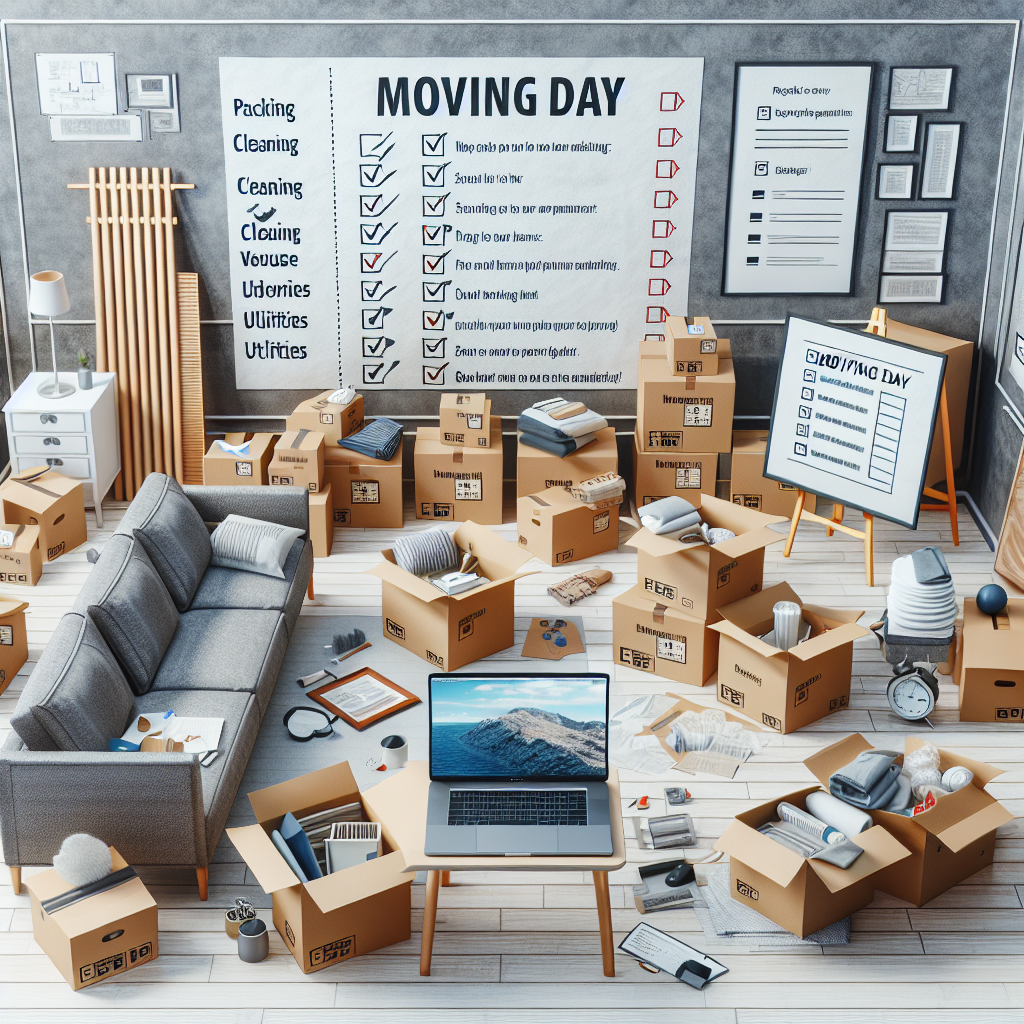 A living room filled with moving boxes, packing supplies, and scattered items. A large “Moving Day” checklist is on the wall, and a laptop sits on a coffee table amid the clutter, emphasizing an active move.