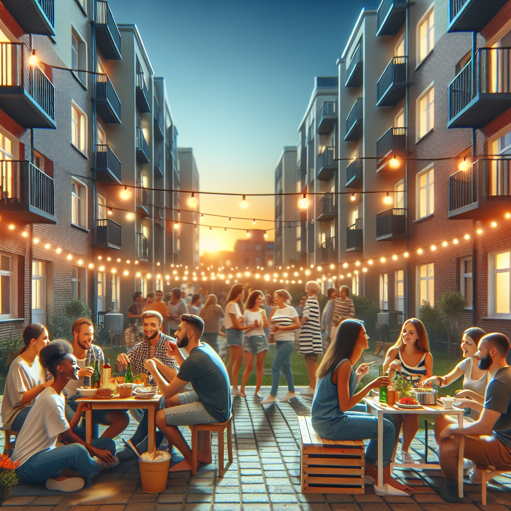 People are enjoying a lively outdoor gathering in a courtyard between apartment buildings at sunset, with string lights overhead and groups seated at tables eating, drinking, and socializing.