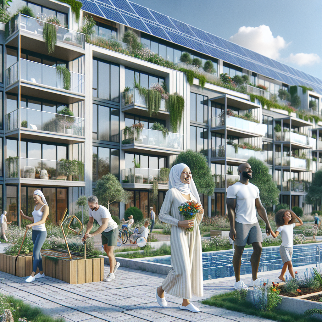 Modern eco-friendly apartment building with solar panels and abundant greenery. Diverse people garden, walk, and relax outdoors near a pool under a bright, sunny sky, highlighting a sustainable, community-focused lifestyle.