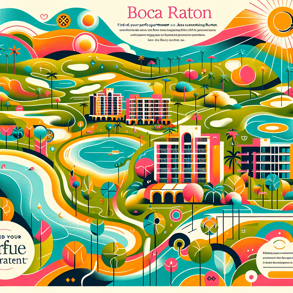 Colorful illustration of Boca Raton featuring modern buildings, palm trees, lakes, golf courses, and rolling hills under a bright sky, capturing a vibrant, inviting atmosphere.