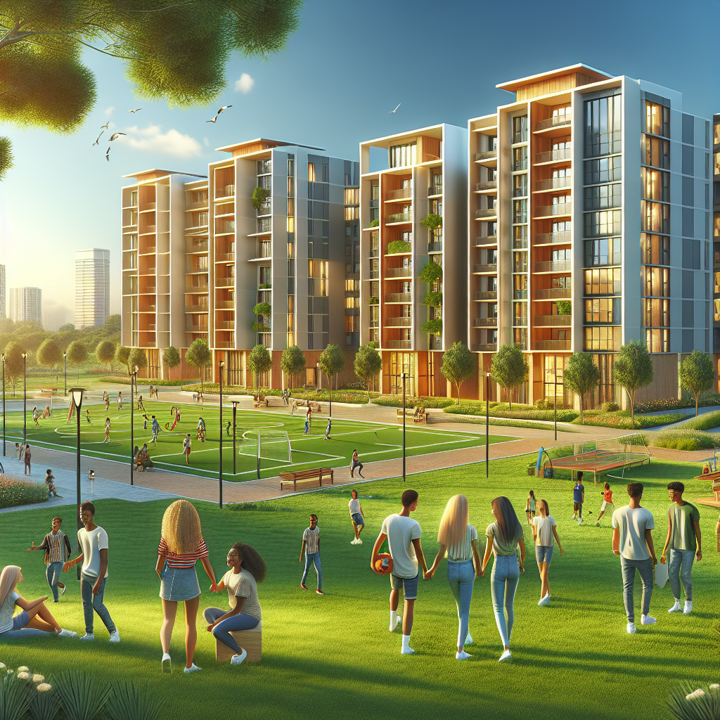 Groups of young people relax and socialize on a green lawn near modern apartment buildings, while others play sports on courts; the setting is bright and sunny with trees and a city skyline in the distance.