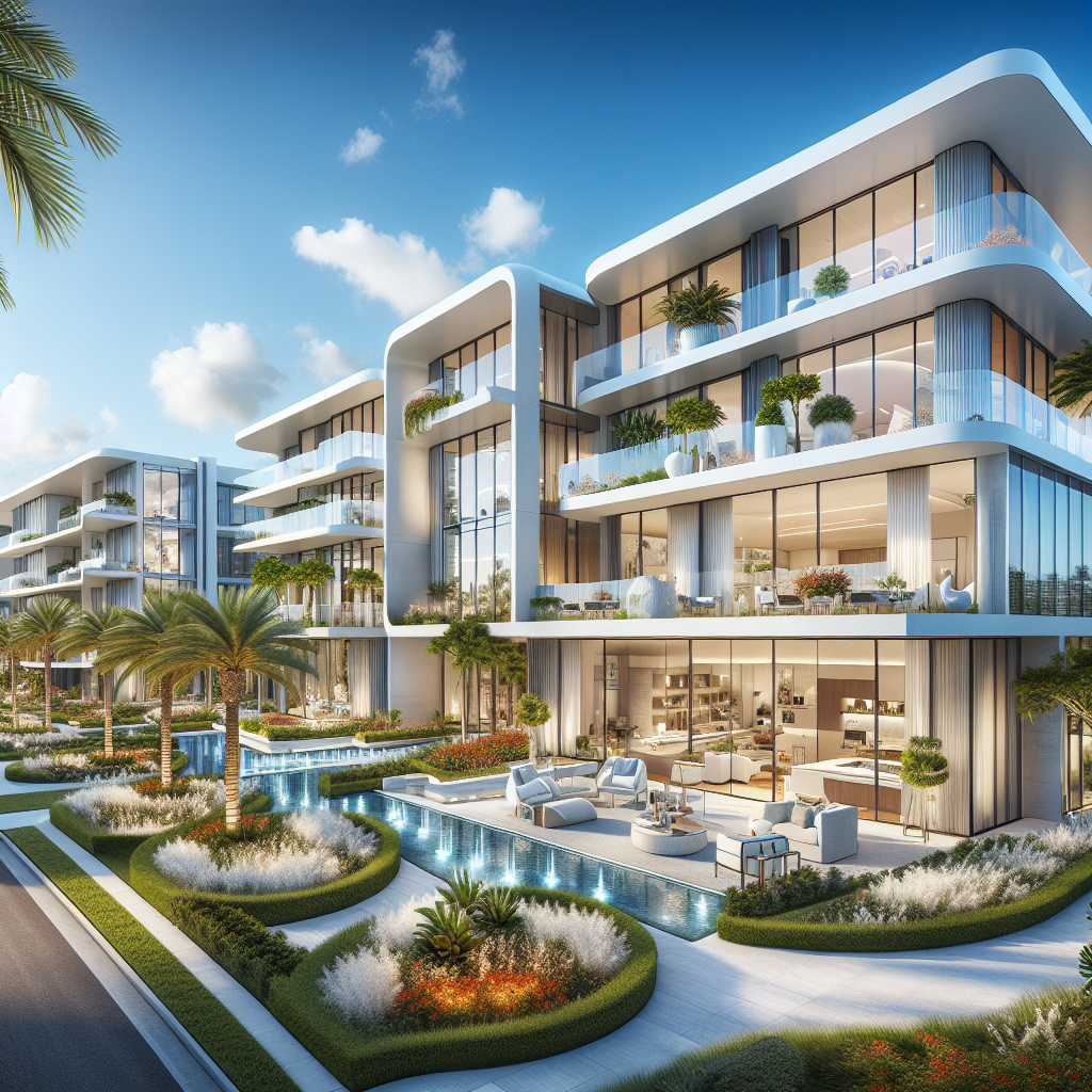 Modern luxury apartment buildings with large glass windows and spacious balconies, surrounded by landscaped gardens, palm trees, and a reflective water feature under a bright blue sky with scattered clouds.