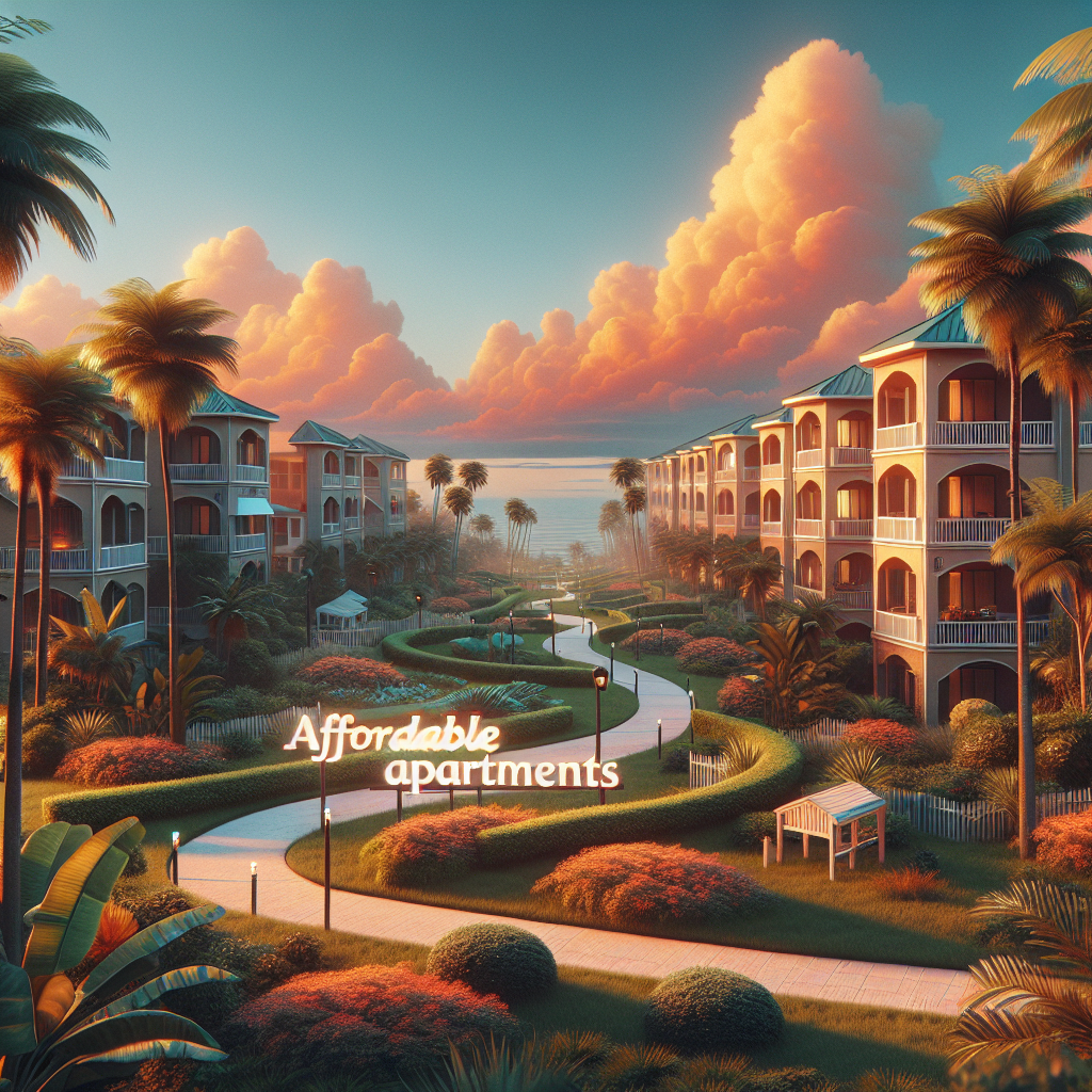 A scenic residential complex with lush gardens, palm trees, and colorful sunset sky, featuring several multi-story buildings and a sign that reads "Affordable apartments" beside a winding path.