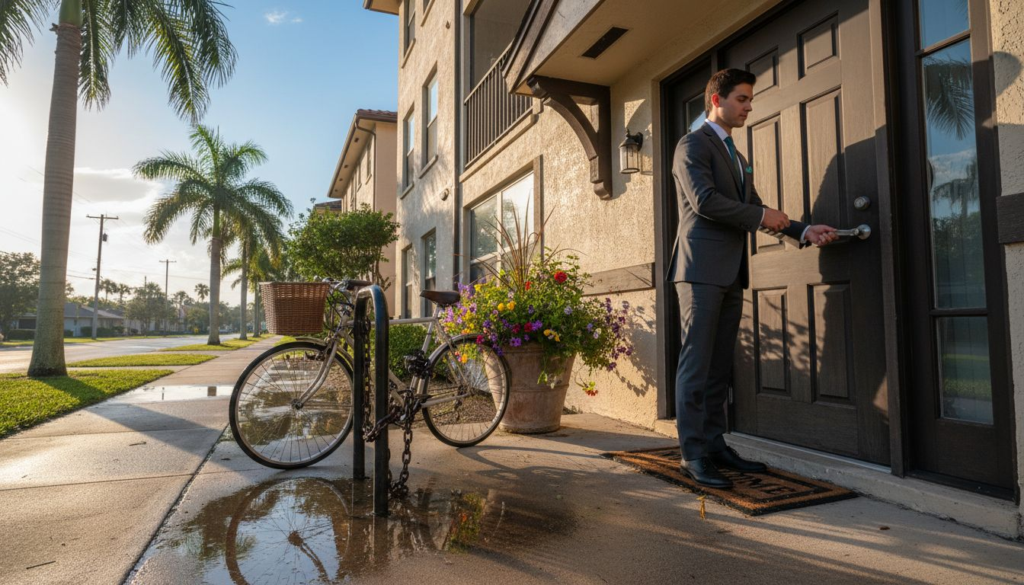 A man in a suit unlocks the door of a modern home on a sunny day—showing why rent one bedroom apartment options are popular. Nearby, a bicycle with a basket is chained by colorful potted flowers and palm trees lining the sidewalk.