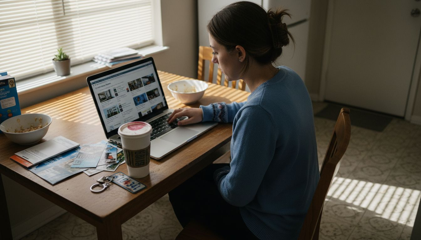 A person in a blue sweater sits at a kitchen table, working on a laptop—perhaps researching how to find affordable apartments. Papers, an ID badge, coffee cup, and bowls are scattered on the sunlit table as light streams through window blinds.
