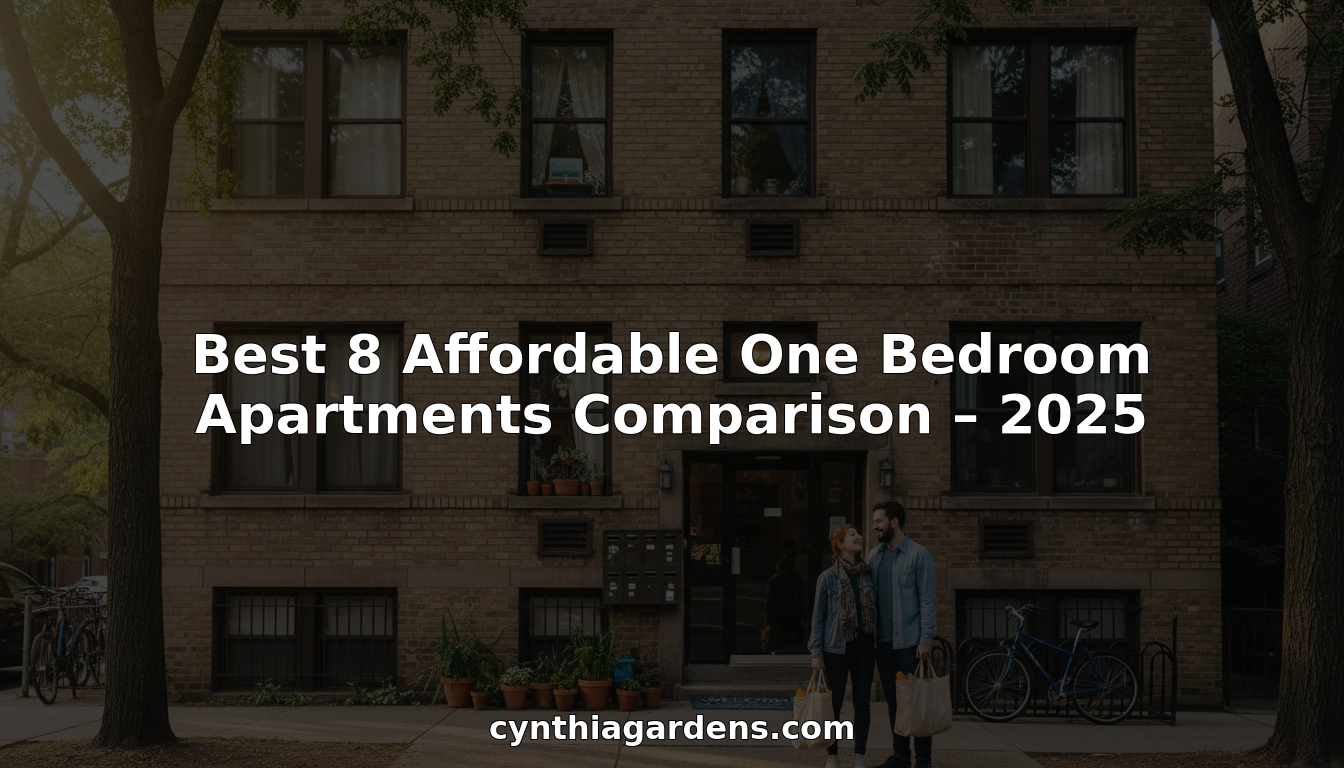 A couple stands outside an apartment building lined with bikes and trees. Text on the image reads: "Best 8 Affordable One Bedroom Apartments Comparison – 2025. cynthiagardens.com". Discover your ideal home with our affordable one bedroom apartments comparison.