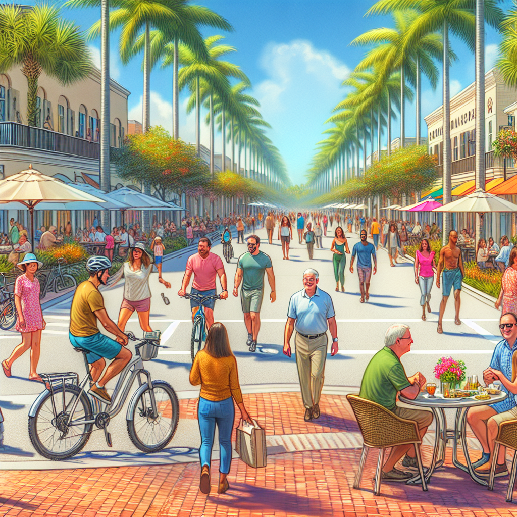 A vibrant, sunny street scene with people walking, biking, shopping, and dining outdoors. Palm trees line the avenue, and shops and cafes are busy with activity under a clear blue sky.