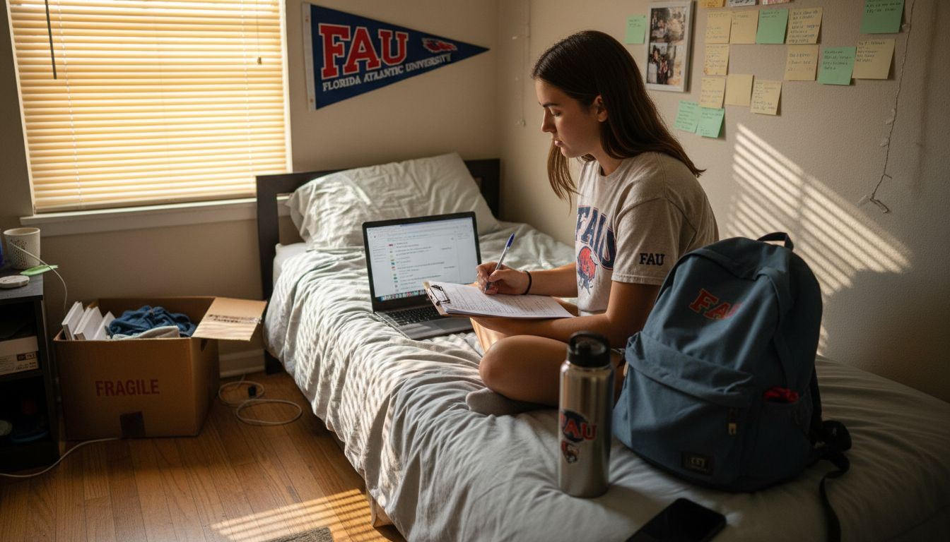 A college student sits on a dorm bed taking notes from a laptop. The room has an FAU (Florida Atlantic University) banner, sticky notes on the wall, and boxes—perhaps filled with apartment hunting tips for FAU students. Sunlight shines through blinds.
