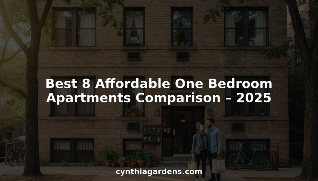 A couple stands outside a brick apartment building, with text overlay: “Best 8 Affordable One Bedroom Apartments Comparison – 2025.” Discover top affordable one bedroom apartments comparison at cynthiagardens.com.