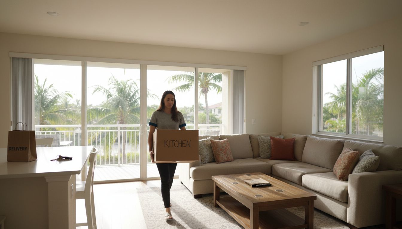 A woman carrying a box labeled "KITCHEN" walks into a bright, modern living room with large windows, a beige sectional sofa, and palm trees outside—showing why rent furnished apartments for an easy move-in. A delivery bag sits on the dining table.