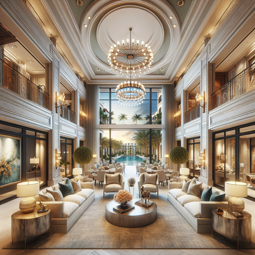 A grand hotel lobby features elegant sofas, chic decor, large windows with palm trees, and a view of a pool outside. A dazzling chandelier and high ceiling enhance the luxurious, airy atmosphere.