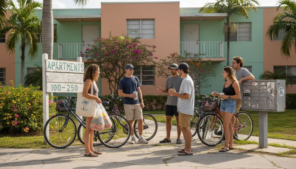 Six people stand and talk near bicycles outside pastel-colored apartments, with palm trees and flowers around—a lively scene that captures what is off-campus housing. One person holds grocery bags; others have drinks or phones. A mailbox and apartment sign are visible.