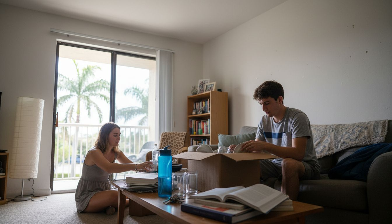 A young woman and man unpack boxes in a bright living room with a large window, palm trees outside, and bookshelves in the background—perfectly capturing what is student-friendly housing. A coffee table with water bottles and books is in the foreground.