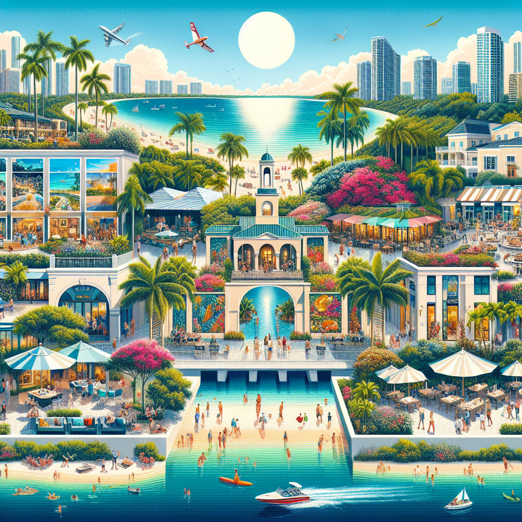 A vibrant coastal city scene with modern buildings, palm trees, people enjoying the beach, outdoor cafes, pools, boats on water, and airplanes flying under a bright sun in a clear blue sky.