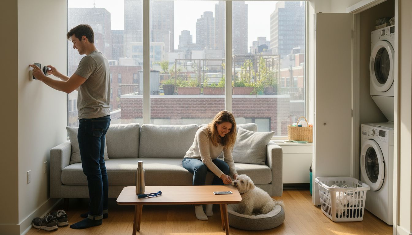 A man adjusts a thermostat—one of the sought-after types of apartment amenities—as a woman sits by the sofa, petting a small white dog. Large windows showcase the city skyline and reveal a nearby laundry area.