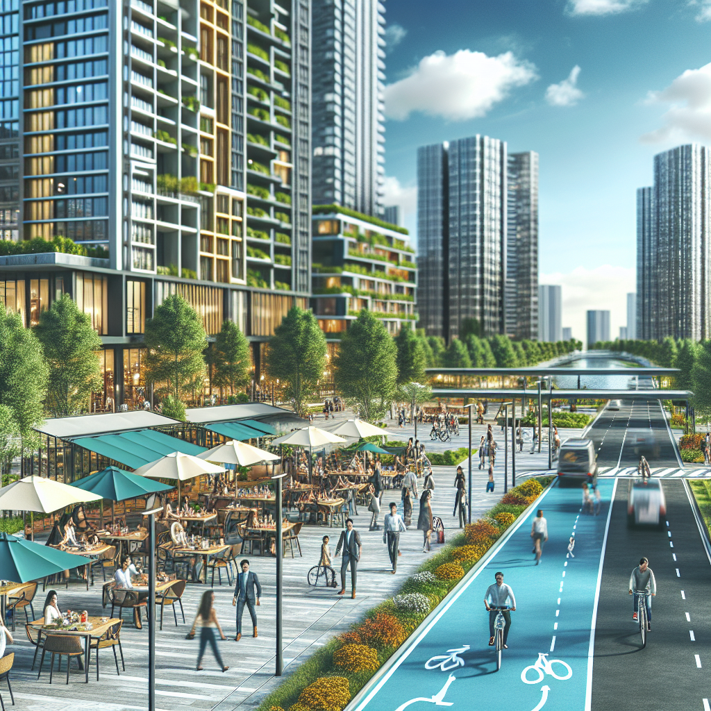 A vibrant, modern cityscape with tall buildings, outdoor cafes, people walking, and a blue bike lane beside a busy street. Trees and greenery line the sidewalks, creating an inviting urban atmosphere.