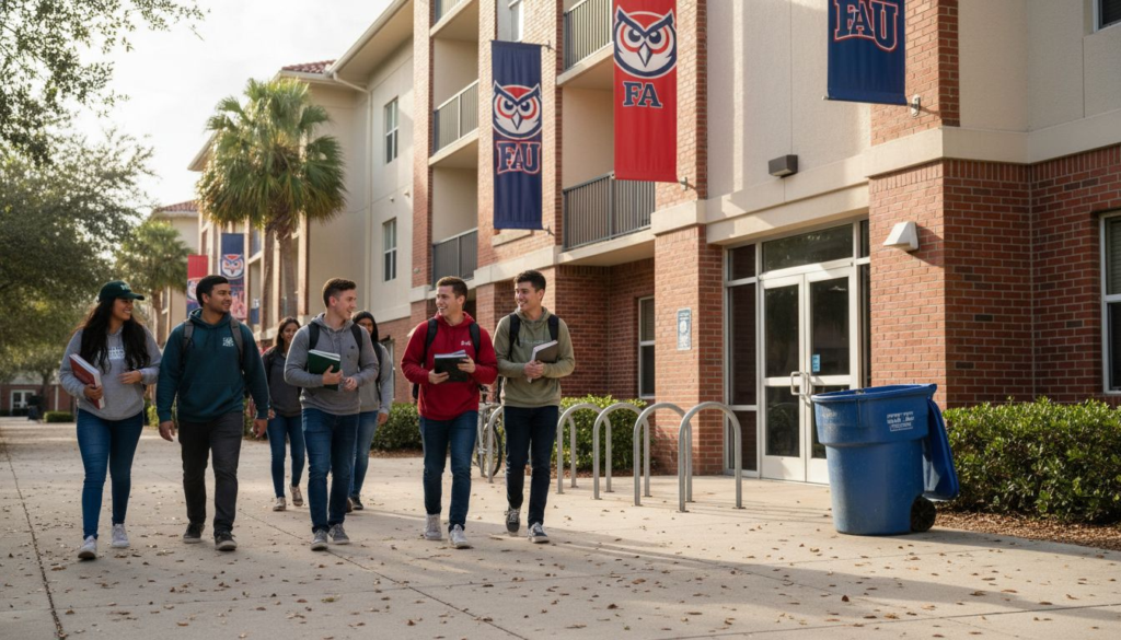 A group of six students walk and talk outside a university building adorned with FAU banners, discussing why student housing is different, with trees, bike racks, and a blue recycling bin nearby.
