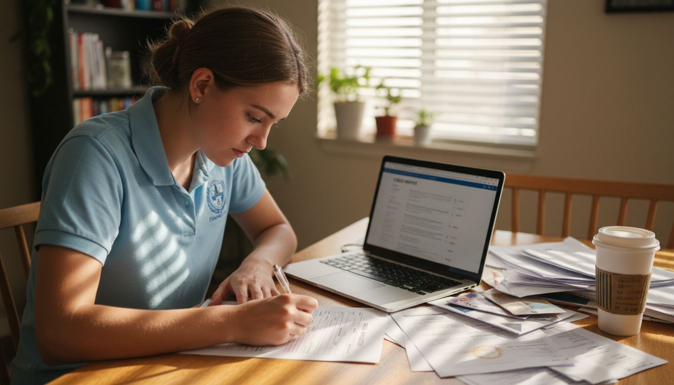 A young woman in a blue polo shirt sits at a table, filling out paperwork next to her laptop—researching what is credit check for renters. The table is covered with documents, a coffee cup, and sunlight streaming through nearby blinds.