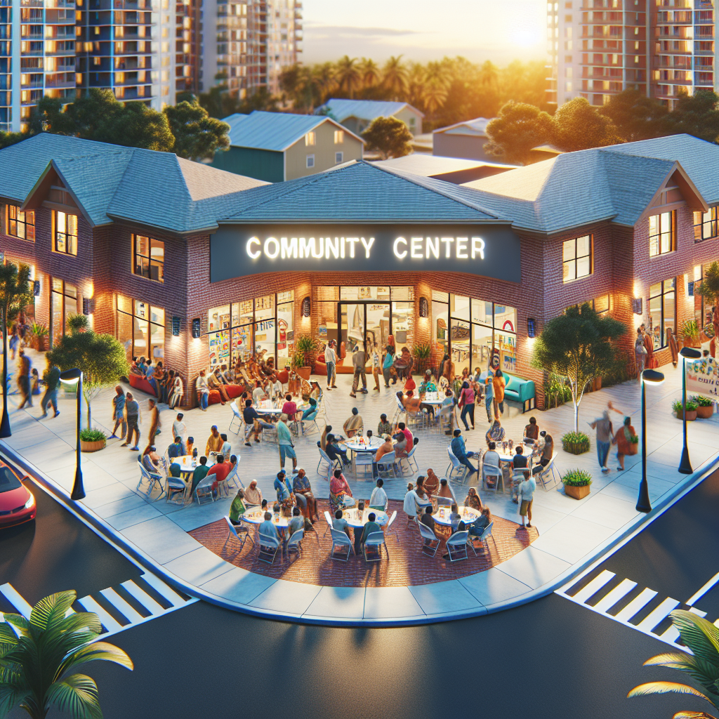 A lively community center with people gathered at outdoor tables, socializing and enjoying the sunny day. The building is surrounded by palm trees and modern high-rise apartments in the background.