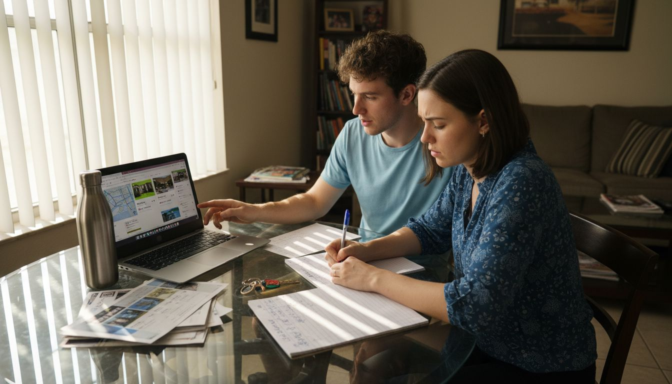 A man and a woman sit at a glass table with a laptop, papers, notebook, and keys. The man points at the laptop screen while the woman writes in a notebook—they appear focused as they review a list of no-fee apartments together.