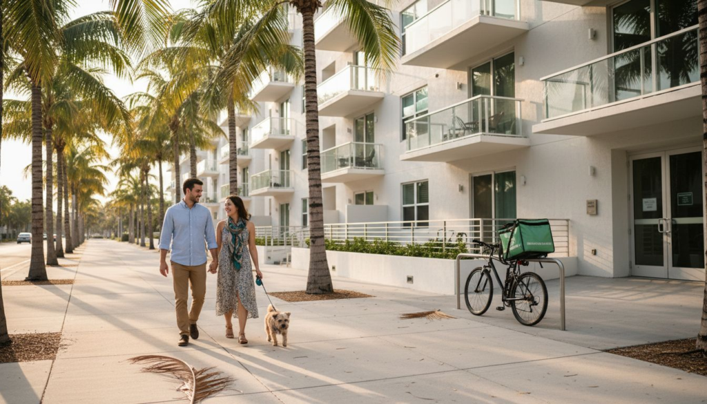 A couple walks their small dog on a palm-lined sidewalk next to modern white apartments, showcasing why choose Boca Raton apartments—with a bicycle parked nearby and sunlight casting soft shadows.