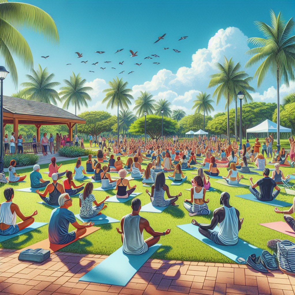 A large group of people practice yoga on colorful mats in a sunny park surrounded by palm trees, with birds flying overhead and a crowd gathered near pavilions in the background.