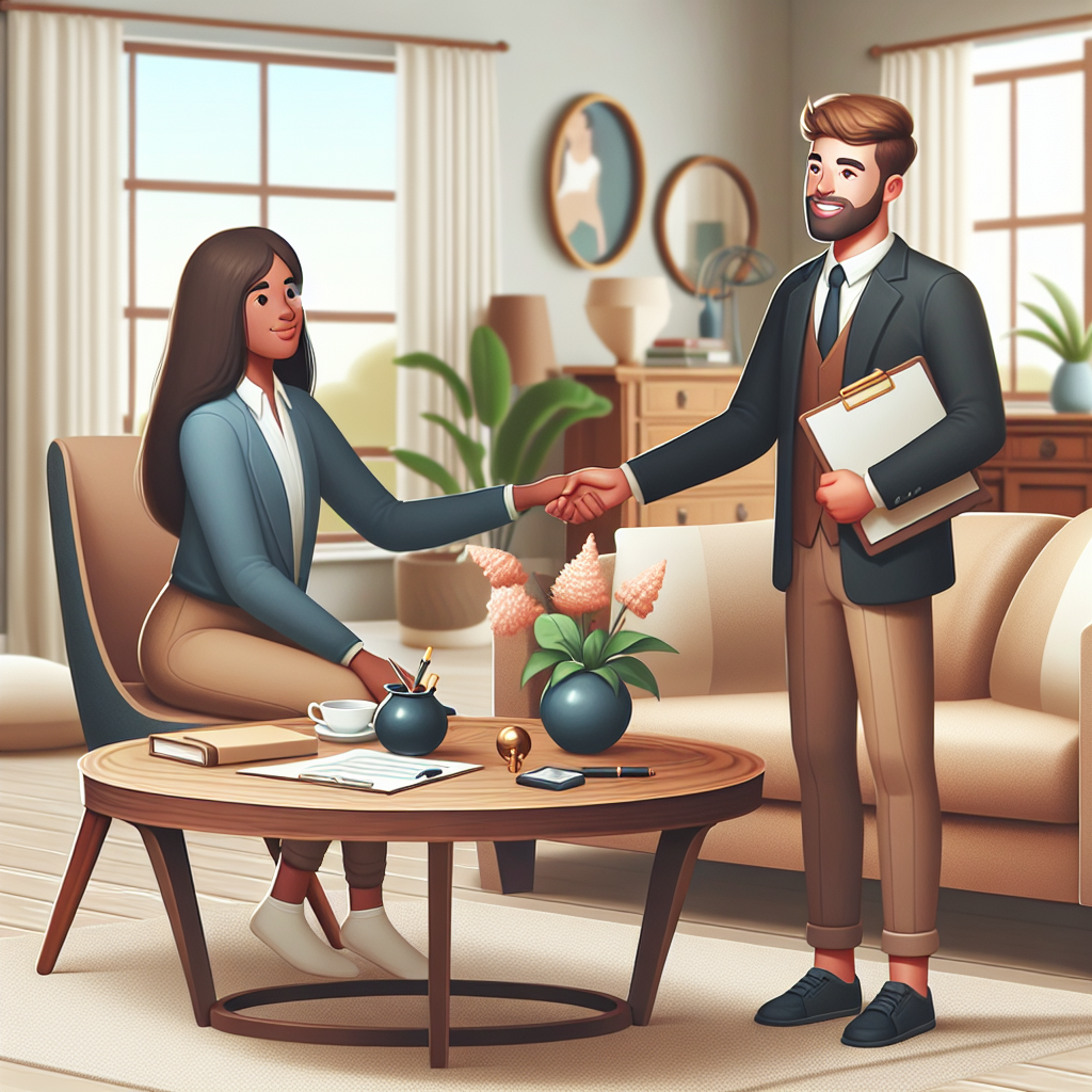 A woman sitting on a sofa and a man standing, holding a clipboard, shake hands in a stylish, well-lit office with plants and decorative items on a coffee table.