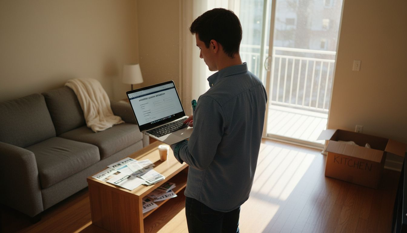 A person stands in a sunlit living room holding a laptop, immersed in their one-bedroom apartment workflow. Nearby are a sofa with a blanket, papers on the coffee table, and an open "KITCHEN" box beside a sliding glass door to the balcony.