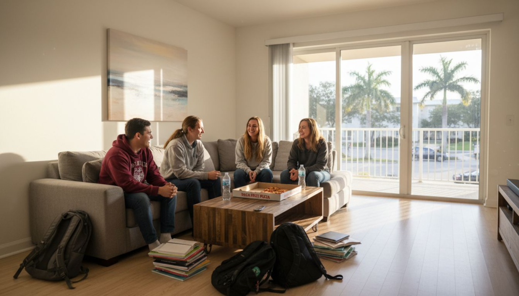 Four young adults sit on a gray couch in a bright living room, talking and smiling—a scene that shows why students rent in Boca Raton. A wooden coffee table holds a board game, with backpacks and books scattered by sliding glass doors framing palm trees.