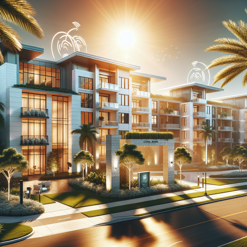 A modern, luxury apartment complex bathed in sunlight, surrounded by palm trees and landscaped gardens, with digital wifi icons above the rooftops indicating smart technology features.